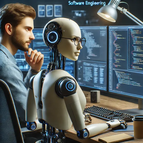 An image of a robot and a software engineer, looking at a computer screen coding together.